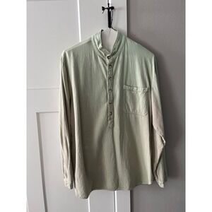 Drawstrings Collared Henley Shirt Long Sleeve Light Green Button Up Pocket Mens